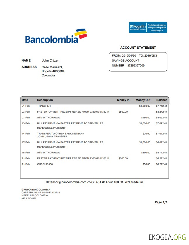 Relevé bancaire de Colombie Bancolombia